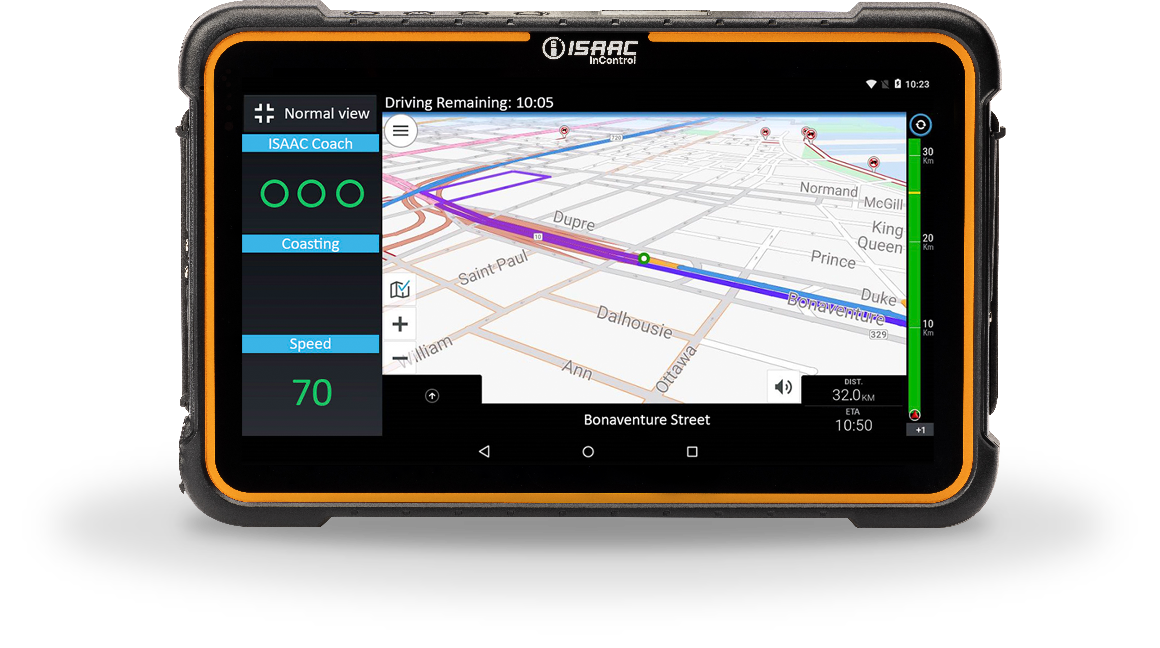 ISAAC InControl tablet displaying a GPS navigation map with driving metrics and route guidance.