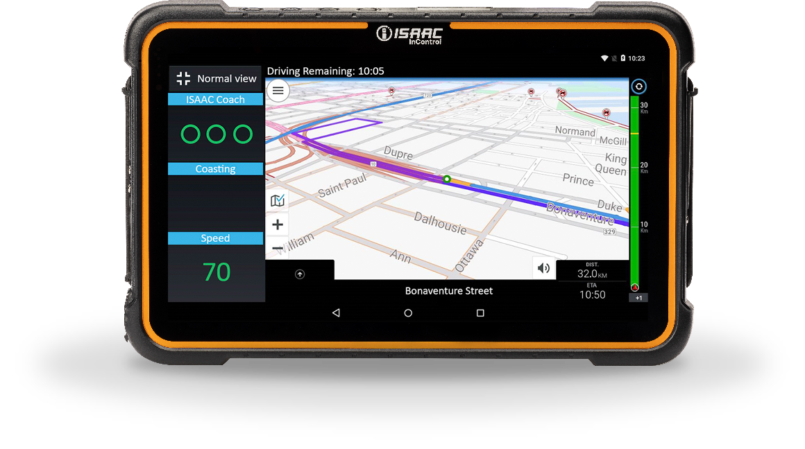 ISAAC InControl tablet displaying a GPS navigation map with driving metrics and route guidance.