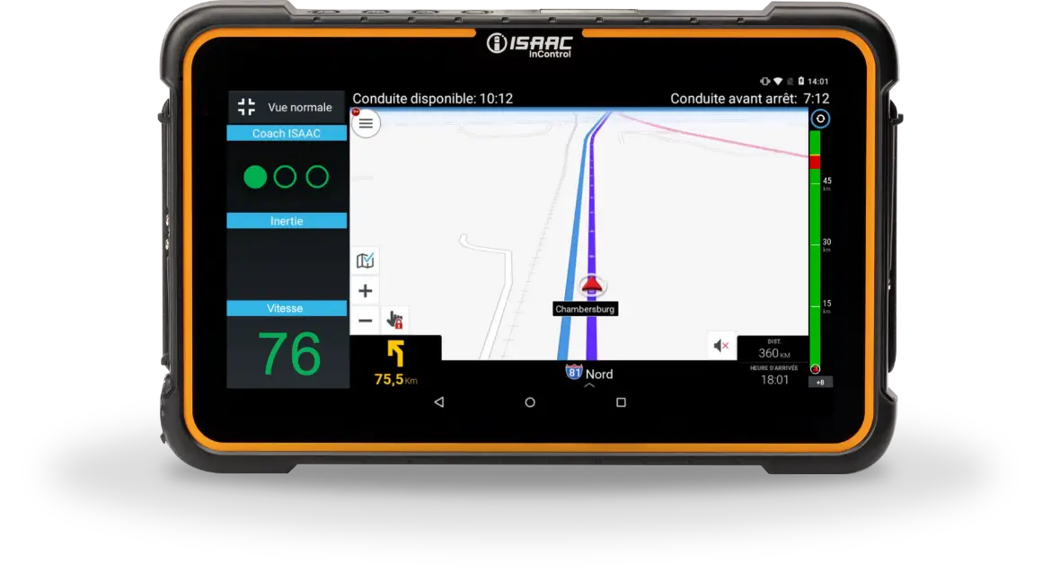 Tablette ISAAC InControl affichant une carte de navigation GPS avec des métriques de conduite et des instructions d'itinéraire.