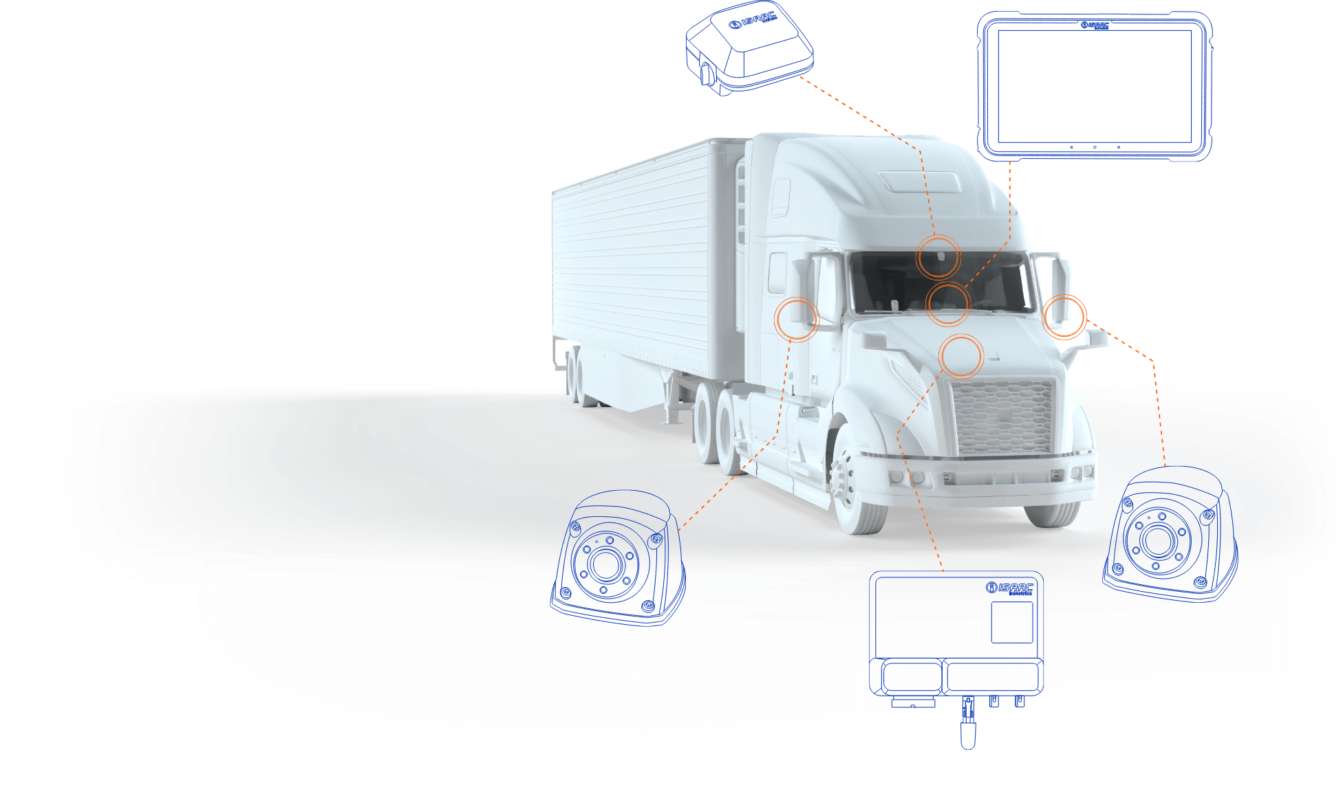 3D graphic of a semi-truck with augmented reality overlays highlighting different parts and mechanisms.