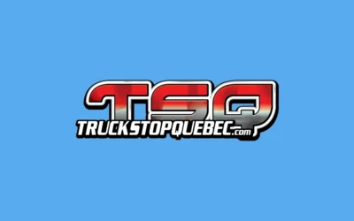 Logo of Truck Stop Quebec with stylized 'TSQ' in red and grey on a sky-blue background.