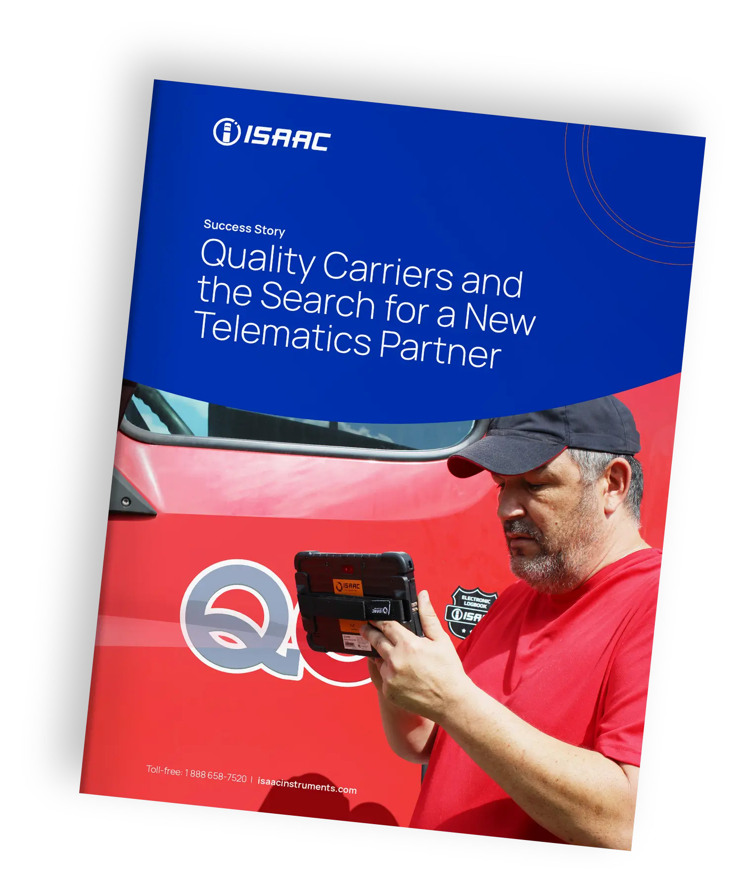 isaac-telematics-quality-carriers-partnership-cover Cover of ISAAC white paper titled 'Quality Carriers and the Search for a New Telematics Partner', featuring a driver interacting with telematics hardware on a tanker truck.