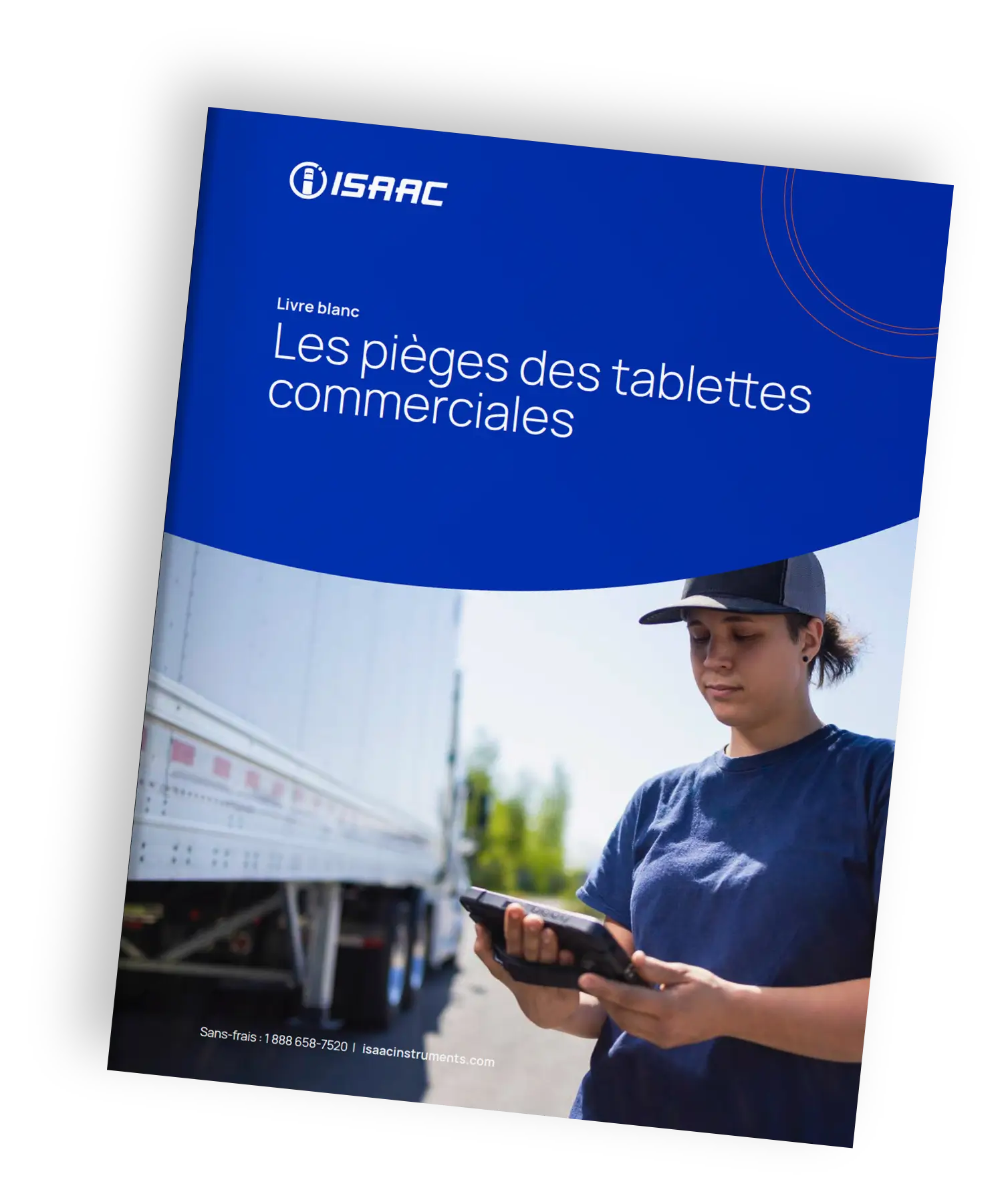 Couverture du livre blanc d'ISAAC intitulé "Les pièges des tablettes commerciales", avec une conductrice de camion utilisant une tablette.