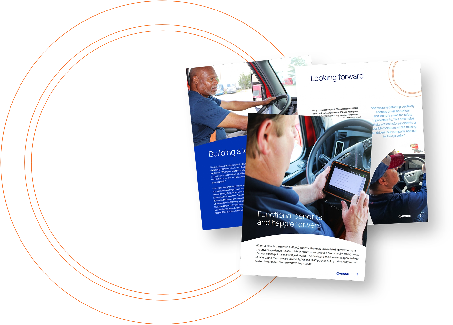 Inside pages of ISAAC white paper showcasing tanker fleet drivers using telematics tablets to improve safety and operational efficiency.