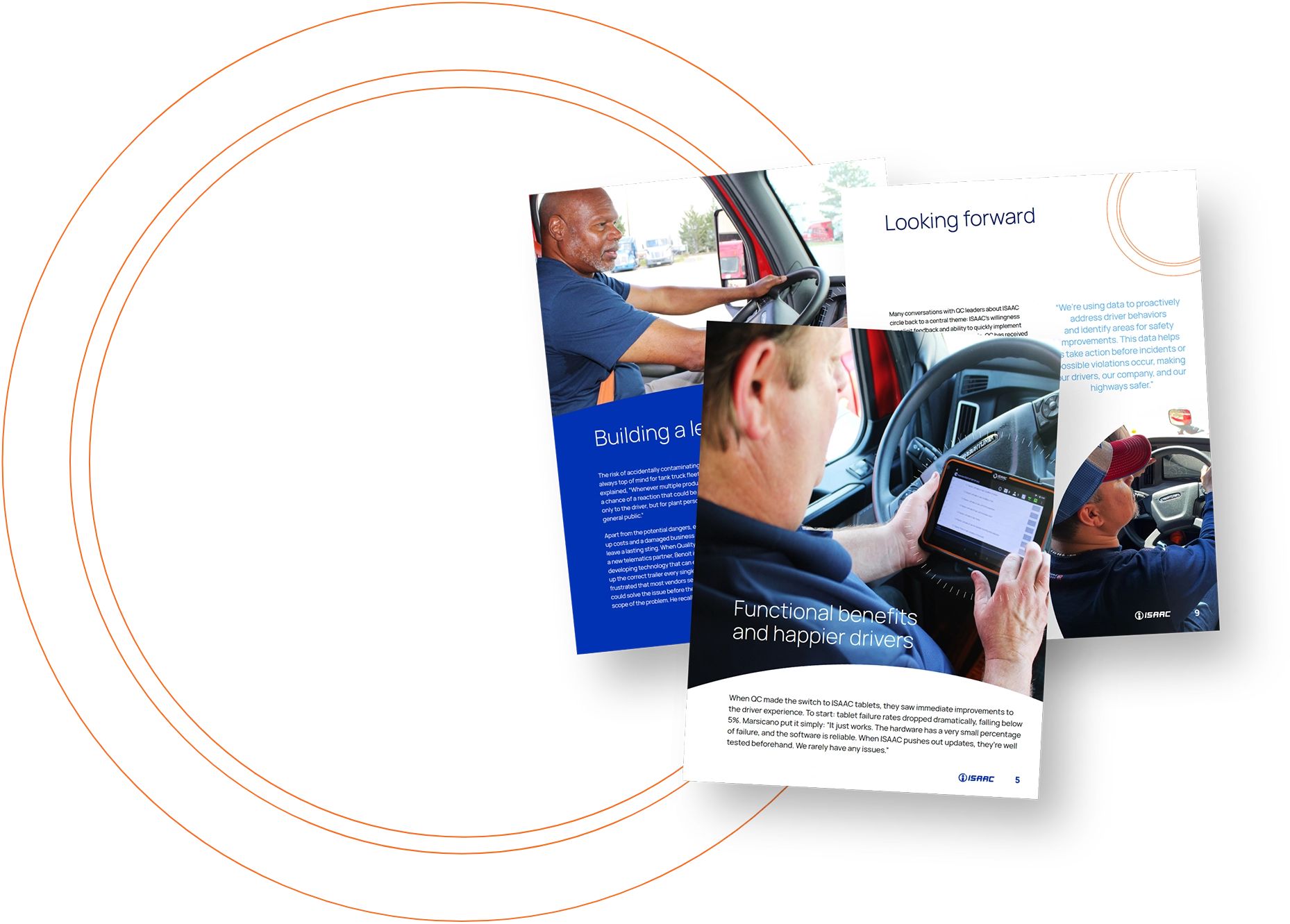 ISAAC's Impact on Tanker Fleet Operations Inside pages of ISAAC white paper showcasing tanker fleet drivers using telematics tablets to improve safety and operational efficiency.