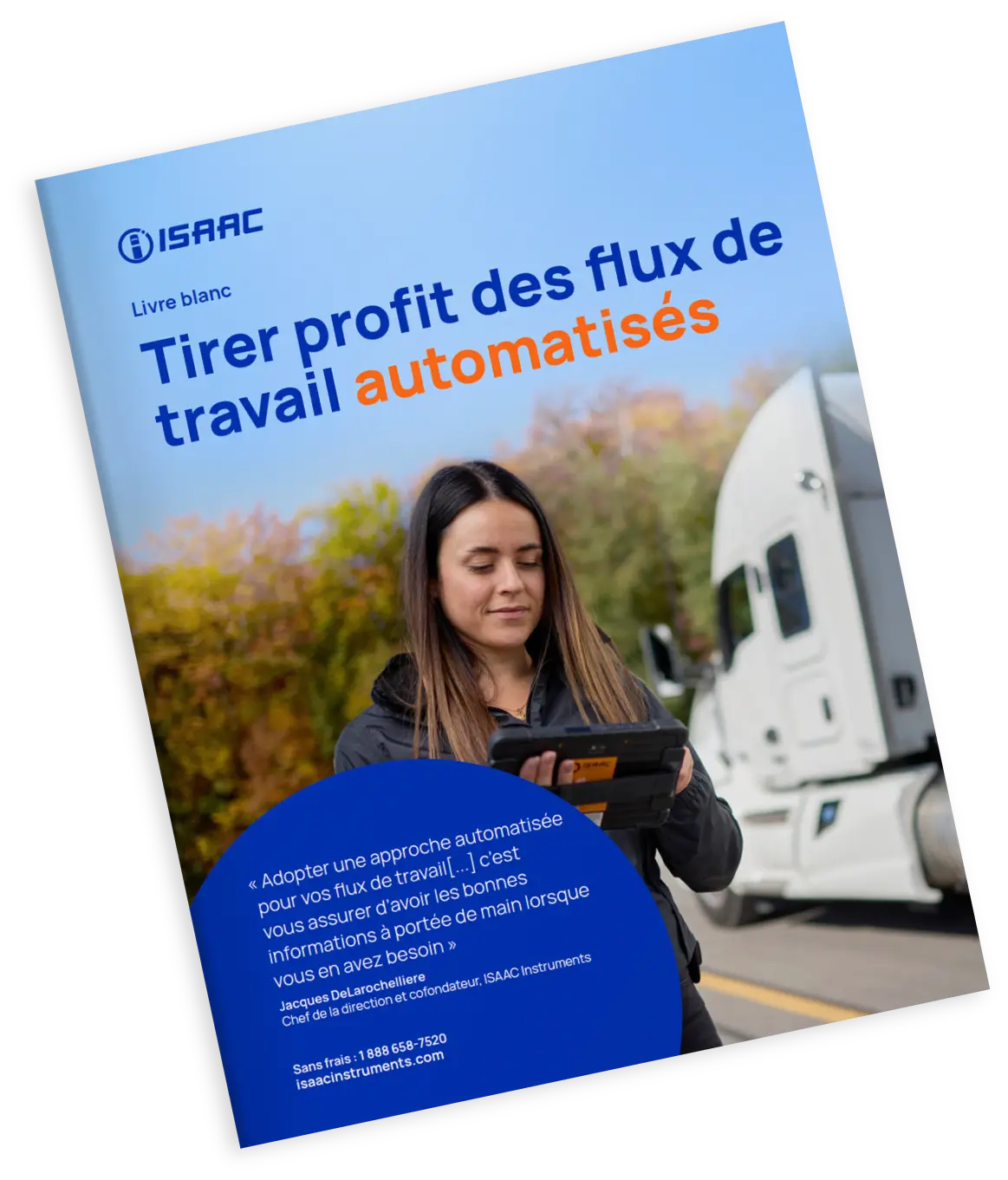 An ISAAC white paper cover in French on "Maximizing Benefits from Automated Workflows" with a person reading it.