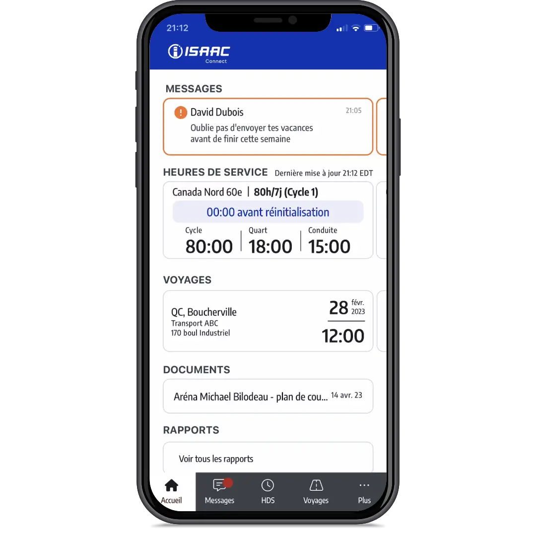 Écran d’accueil de l’application ISAAC Connect - Français Smartphone affichant l’écran d’accueil de l’application ISAAC Connect en français, montrant les messages, les heures de service, les voyages et les documents.