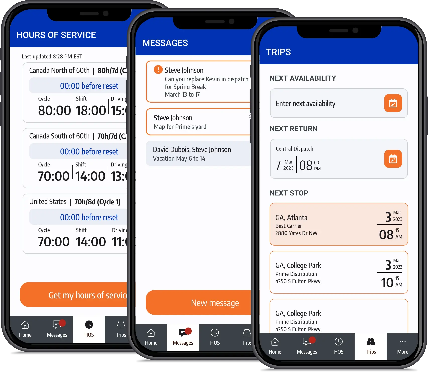 Three smartphones showing different screens of the ISAAC Connect mobile app in English, including hours of service, messages, and trip details.