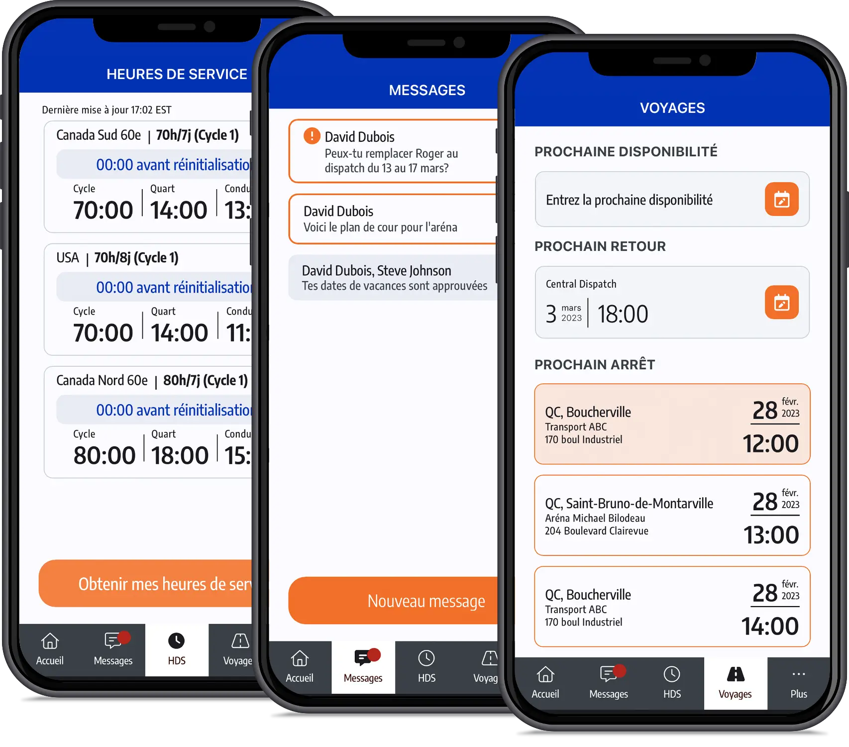 Interface de l’application mobile ISAAC Connect - Français Trois smartphones affichant différentes écrans de l’application mobile ISAAC Connect en français, y compris les heures de service, les messages et les détails du voyage.