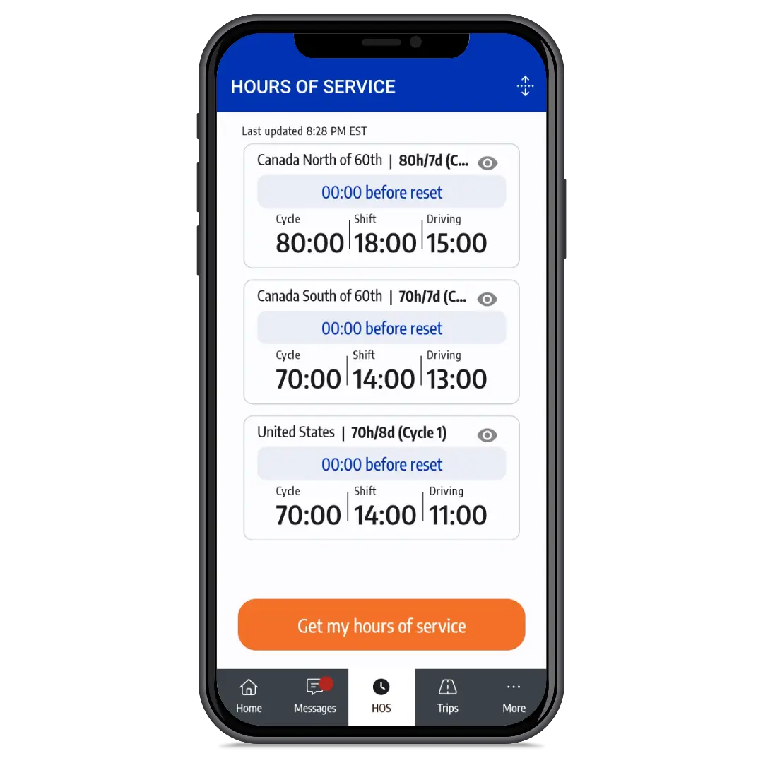 ISAAC Connect mobile app hours of service screen in English showing cycle, shift, and driving hours.