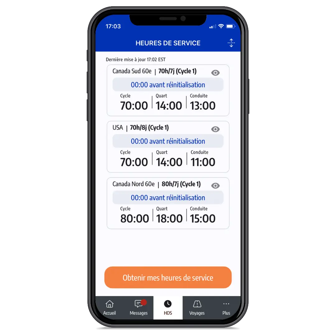 Écran des heures de service de l’application ISAAC Connect - Français Écran des heures de service de l’application mobile ISAAC Connect en français montrant les cycles, les quarts et les heures de conduite.