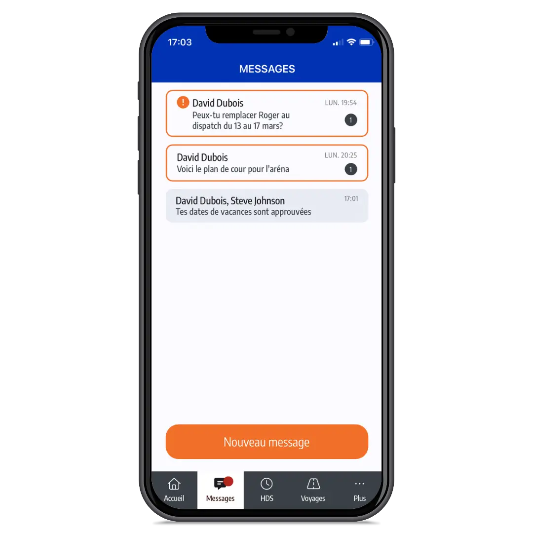 Écran de messages de l’application ISAAC Connect - Français Écran de messages de l’application mobile ISAAC Connect en français montrant les messages et notifications des conducteurs.