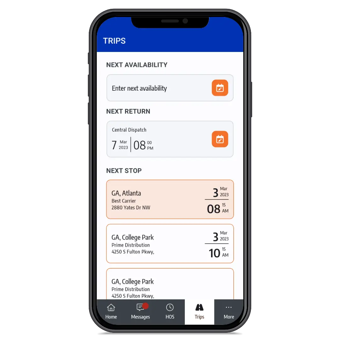 ISAAC Connect mobile app trips screen in English showing upcoming stops and trip details.