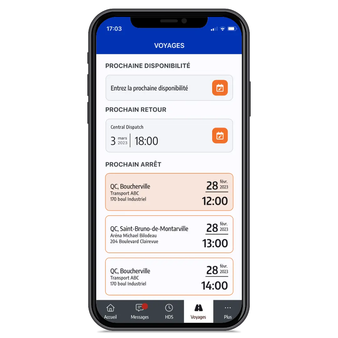 Écran des voyages de l’application ISAAC Connect - Français Écran des voyages de l’application mobile ISAAC Connect en français montrant les arrêts à venir et les détails des voyages.