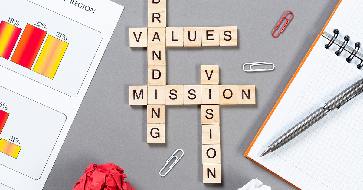 Concept image of brand values using Scrabble tiles, representing the importance of mission and vision in a company’s reputation.