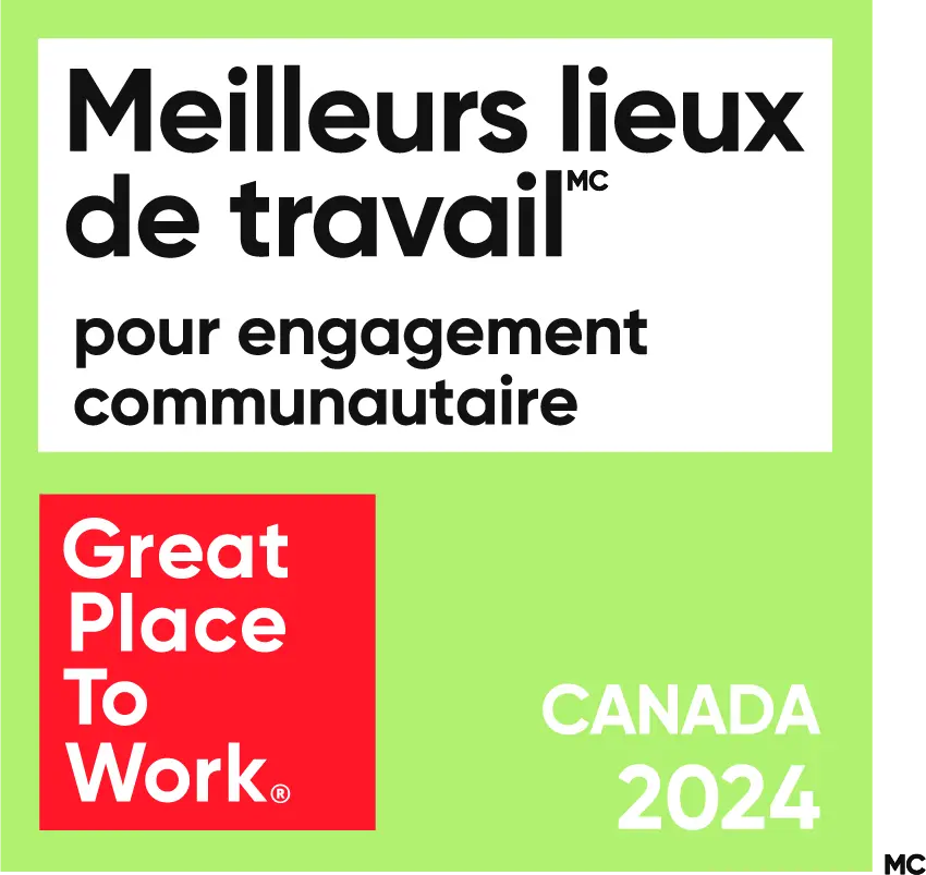 Meilleurs lieux de travail pour engagement communautaire - GPTW - Canada 2024 Badge de certification Great Place to Work Mai 2024 en français.