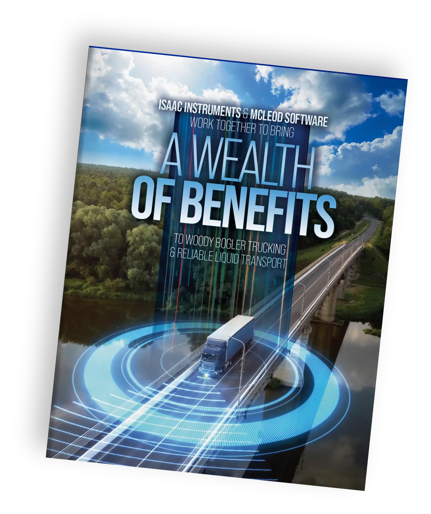 Cover of ISAAC and McLeod Software case study featuring a truck on a bridge with a futuristic technology overlay, highlighting fleet management solutions.