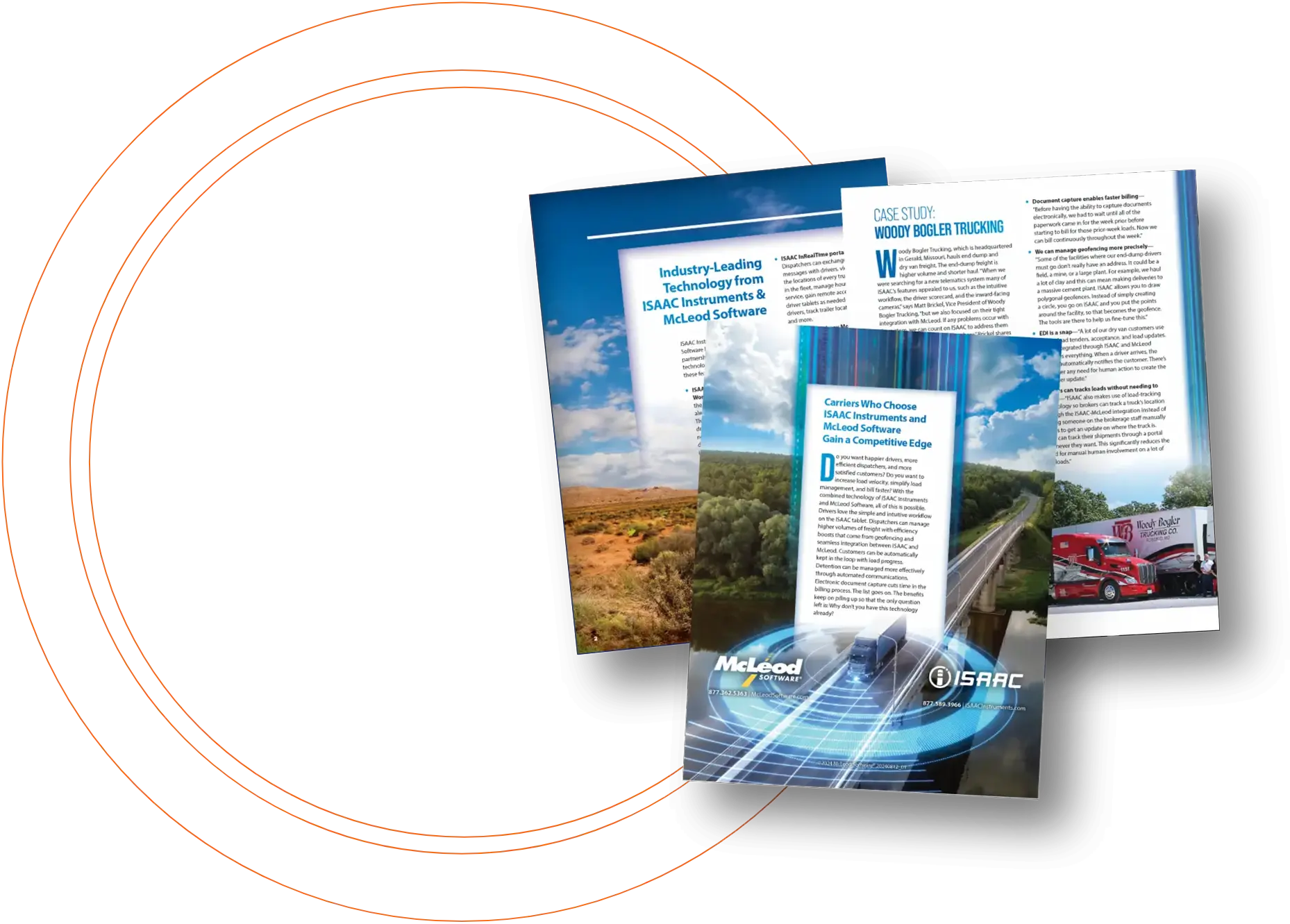 Inside pages of a case study showing details about ISAAC Instruments and McLeod Software partnership, highlighting benefits for trucking companies.
