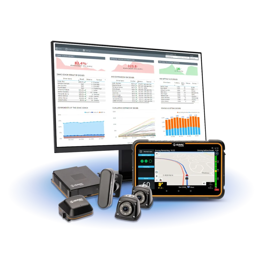 ISAAC Fleet Management Ecosystem – ELD, Dashcams, and Analytics ISAAC InControl tablet, dashboard screen, dashcams, and telematics devices shown together