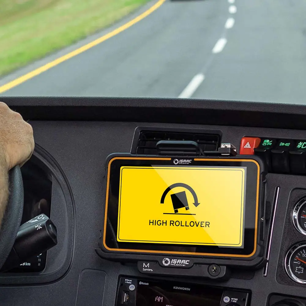 ISAAC Risky Driving Alert System ISAAC tablet alert showing high rollover risk during truck operation