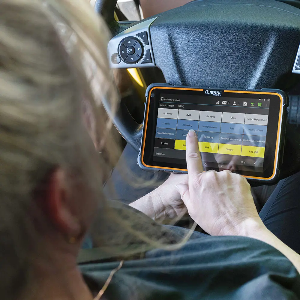 Fleet Task Integration Interface (English) Driver using tablet interface in English to log fleet tasks like unloading and document scanning</p>
<p>
