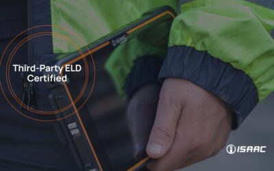 Close-up of a driver holding an ISAAC rugged tablet with the text "Third-Party ELD Certified," signifying compliance with Transport Canada regulations.