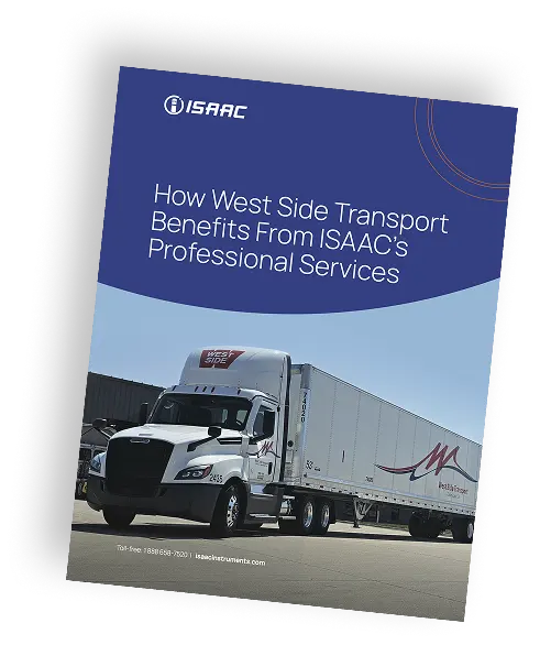 3D mockup of the West Side Transport and ISAAC telematics case study document.