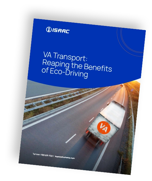 Angled 3D mockup of the VA Transport case study detailing the ISAAC Coach eco-driving program results and fuel savings.