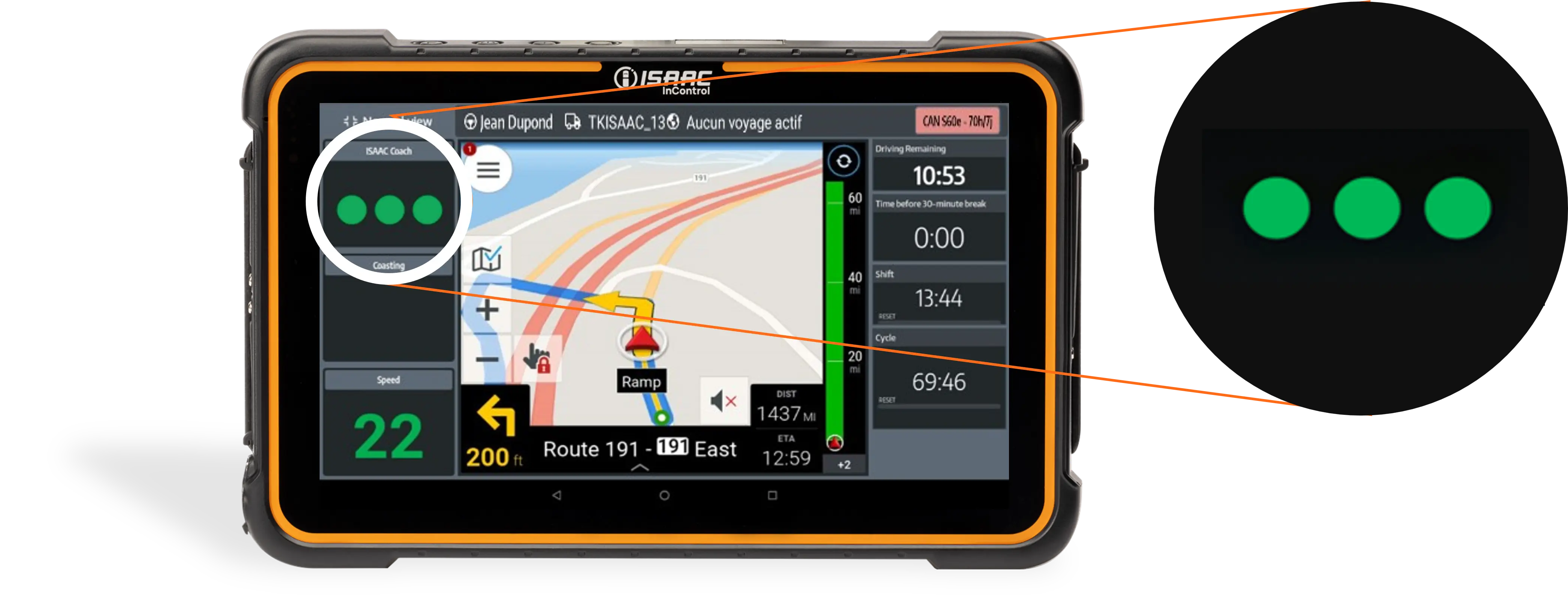 Trois cercles verts vides du module ISAAC Coach sur tablette ISAAC InControl en cabine (statut coasting).