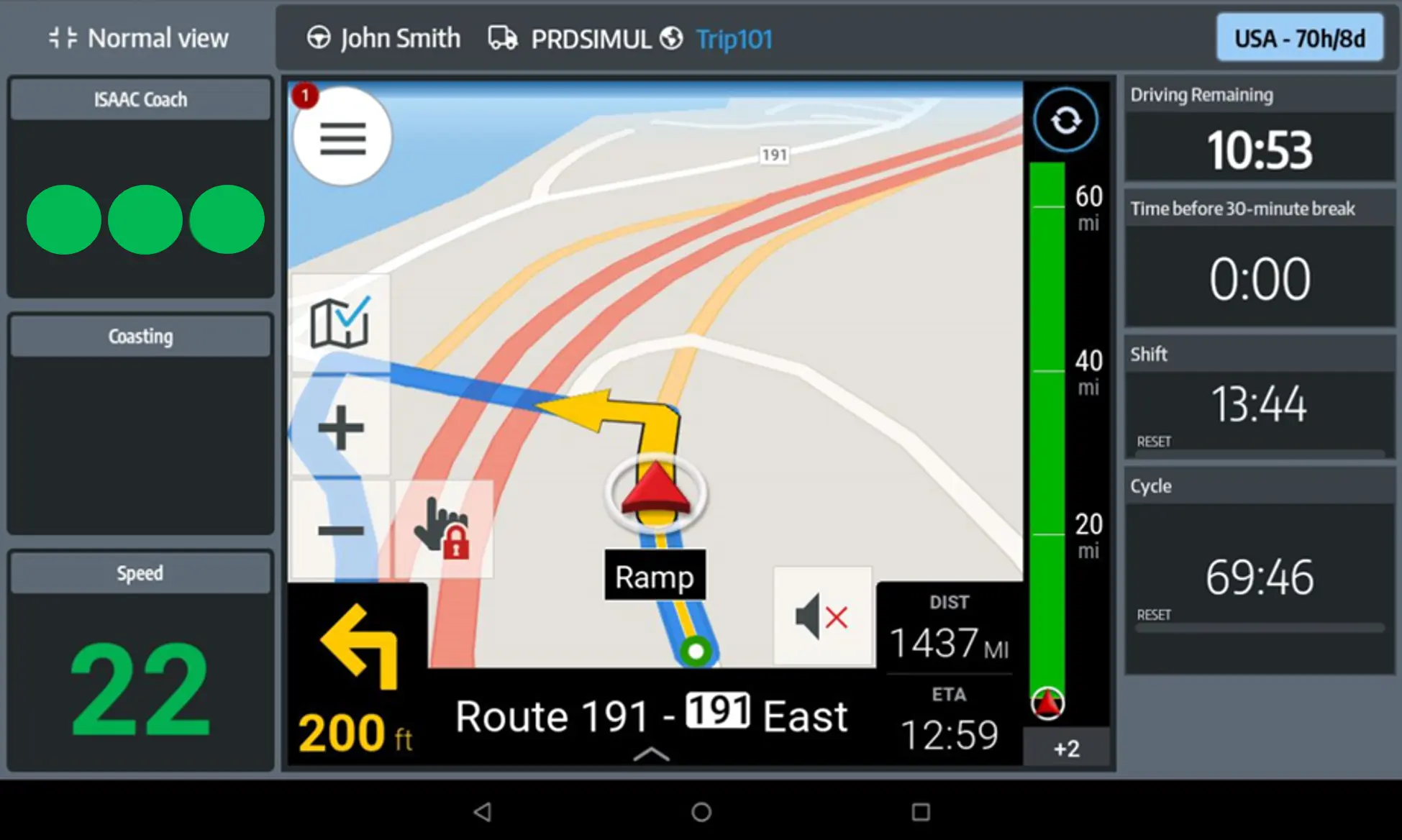 Two green circles in the ISAAC Fuel Coach module indicate the driver is applying optimal accelerator pressure for fuel efficiency.