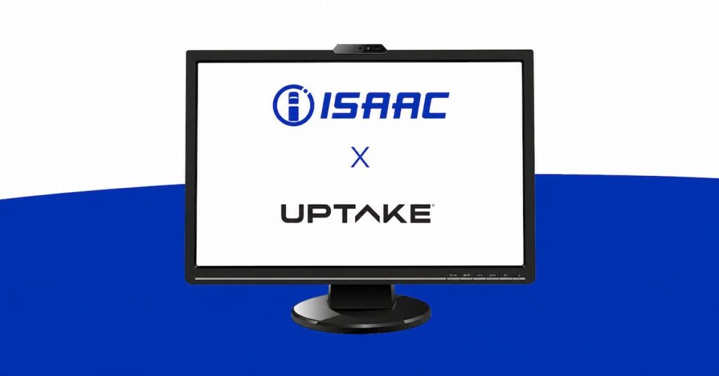 ISAAC and Uptake partnership on ISAAC Open Platform ISAAC and Uptake logos shown side by side on a monitor, marking their Open Platform integration.