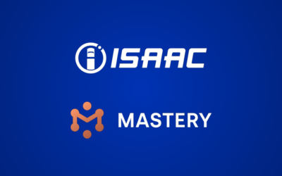 Les logos d’ISAAC Instruments et de Mastery réunis sur un fond bleu foncé.